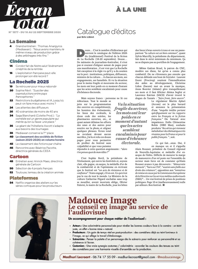 Encart Madouce Image dans Écran total : le conseil en image au service de l’audiovisuel, avec Madhuri Lecroart.