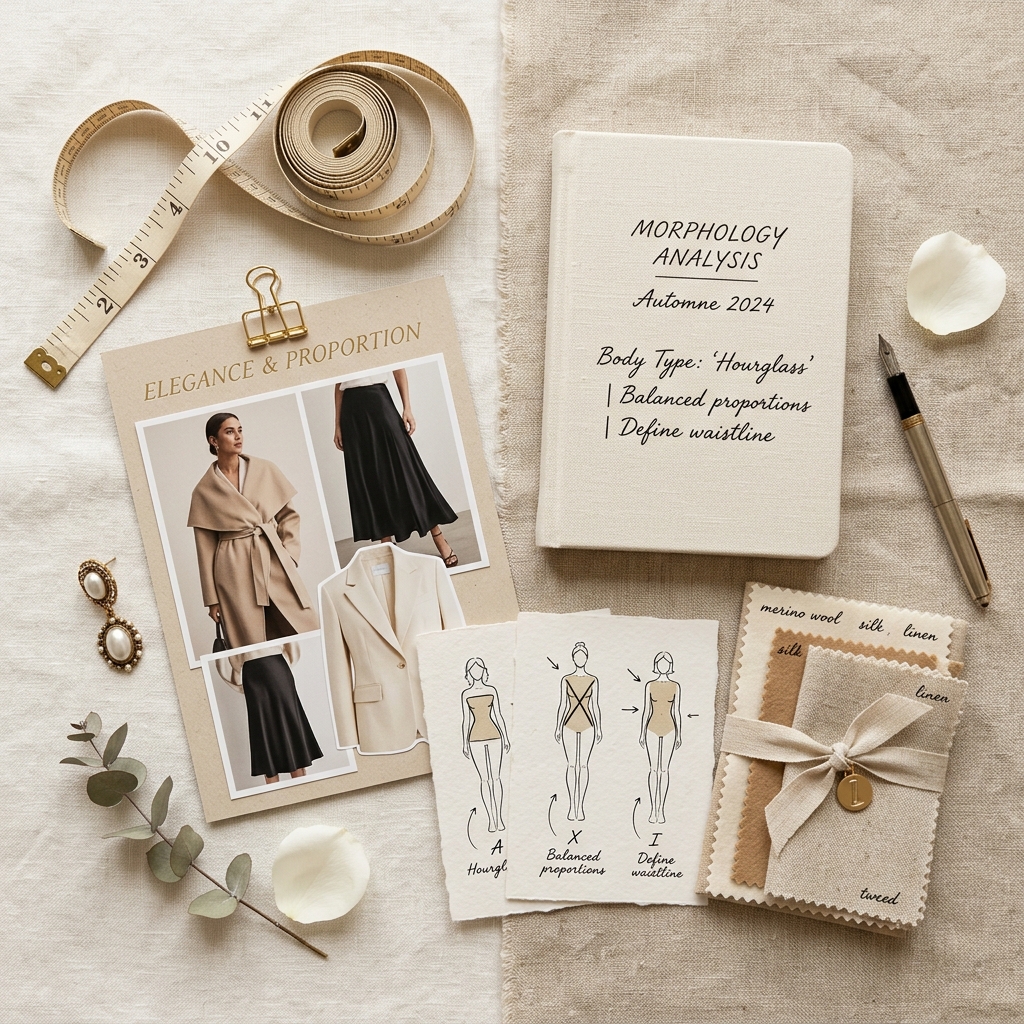 Outils d'analyse morphologique : mètre ruban, moodboard et fiches silhouettes - Madouce Image Lille